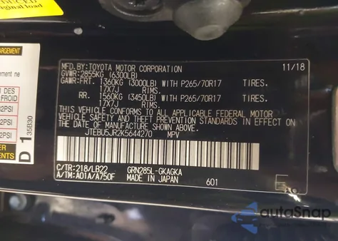 2019 Toyota 4Runner Sr5 Premium z USA, uszkodzony, nr VIN JTEBU5JR2K5644270